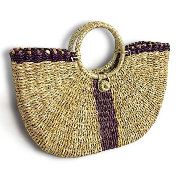 Handmade Handbags - Handmade Natural Straw Tote with Circular Handles and Purple Accent Stripe